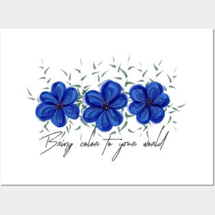 Watercolor Blue Flowers with Green Leaves Posters and Art